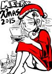  1girl 2015 bangs barefoot bell bell_choker big-d choker eyebrow_piercing food hair_ornament hairclip handheld_game_console legs_together lonely merry_christmas nintendo_3ds nose_piercing off_shoulder panties pantyshot pantyshot_(sitting) piercing playing_games santa_costume short_hair sitting solo spot_color sweater swept_bangs thought_bubble translation_request underwear 