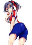  1girl blue_eyes breasts club_atletico_de_madrid from_behind hair_between_eyes large_breasts looking_at_viewer mokufuu open_mouth original purple_hair short_ponytail shorts soccer soccer_uniform solo sportswear 