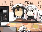  :x admiral_(kantai_collection) aircraft_carrier_water_oni blush_stickers chibi coat commentary_request daifuku food gomasamune hair_ornament hat kantai_collection kotatsu military military_hat military_uniform ne-class_heavy_cruiser shinkaisei-kan sketch sleeping table television translated uniform 