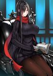  1girl black_hair black_legwear book breasts chair hair_ornament hair_over_one_eye hairclip highres jewelry long_hair looking_at_viewer mugenshiki necklace open_book original pantyhose red_eyes ribbed_sweater scarf sitting smile sweater very_long_hair 