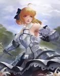  1girl ahoge armor armored_dress armpits bangs bare_shoulders black_legwear blonde_hair blurry bow closed_mouth clouds cowboy_shot detached_sleeves dress fate/stay_night fate_(series) faulds flower gauntlets hair_bow hair_ribbon half_updo highres holding_sword holding_weapon kaze_no_gyouja lace-trimmed_dress lily_(flower) looking_away outdoors pantyhose puffy_sleeves ribbon saber skirt skirt_lift sky solo sword torn_clothes torn_pantyhose tree upskirt weapon white_flower 
