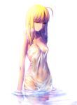  1girl absurdres ahoge blonde_hair breasts cleavage collarbone covered_navel dress fate_(series) highres long_hair reflection saber scan see-through small_breasts solo takeuchi_takashi wading wet wet_clothes wet_dress white_dress yellow_eyes 