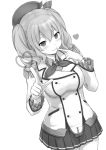  1girl blush breasts cowboy_shot dutch_angle epaulettes finger_to_mouth gloves greyscale hat heart highres kantai_collection kashima_(kantai_collection) large_breasts long_hair military miniskirt monochrome pleated_skirt simple_background skirt smile solo yuuki_kazuhito 