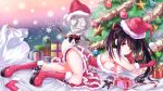  1girl bandages bangs bare_shoulders bauble bell black_hair bobblehat boots bowtie box breasts character_doll christmas christmas_tree cleavage cross cross_necklace date_a_live detached_collar dress english eyepatch fir_tree flower fur_trim gift gift_box gloves gun hand_in_hair hand_on_own_cheek hat head_rest heart_eyepatch heterochromia highres itsuka_shidou jewelry long_hair merry_christmas pendant pink_rose pom_pom_(clothes) red_dress red_gloves rifle rose sack santa_costume santa_gloves santa_hat shoelaces single_sock snowflakes snowman socks sparkle star thighs tokisaki_kurumi tree tsubasaki twintails weapon 