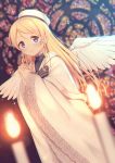  1girl ayase_eli beret blonde_hair blue_eyes blurry bow candle church_interior closed_mouth feathered_wings fire hair_down hands_clasped hat lace-trimmed_sleeves long_hair looking_at_viewer love_live!_school_idol_project nagareboshi smile solo stained_glass striped striped_bow very_long_hair white_hat white_wings wide_sleeves wings 