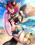  1girl animal_ears breasts chloris_garden fang green_eyes one_eye_closed redhead short_hair solo tail tattoo under_boob wings yana_(nekoarashi) 