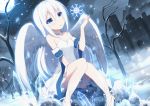  1girl blue_eyes dress long_hair moon night original outdoors rizky_(strated) sitting sky snowflakes solo strapless_dress tree white_dress white_hair white_wings wings 