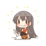  1girl akagi_(kantai_collection) blush brown_hair chibi curry curry_rice eating food food_on_face kantai_collection long_hair lowres plate rebecca_(keinelove) solid_oval_eyes spoon 