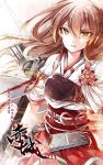  1girl akagi_(kantai_collection) arrow breastplate brown_eyes brown_hair japanese_clothes kantai_collection kimono long_hair looking_at_viewer obi sash senzi solo 