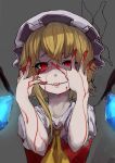  1girl absurdres blonde_hair blood blood_on_face bloody_hands fangs flandre_scarlet hat highres looking_at_viewer red_eyes smile solo tobihira touhou upper_body vampire wings 