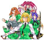 blonde_hair blue_eyes breasts cleavage clenched_hand clenched_teeth covering_mouth dragons_rioting glasses green_eyes green_jacket hair_ribbon iyo_(dragons_rioting) jacket jewelry large_breasts megu_(dragons_rioting) necktie nunchaku orange_hair pink_hair purple_hair ribbon ring rino_(dragons_rioting) ryoko_(dragons_rioting) school_uniform semi-rimless_glasses short_hair shu_(dragons_rioting) silver_hair sword violet_eyes weapon yellow_eyes 