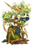  1boy 1girl absurdres arm_warmers armor blonde_hair blue_eyes boots brown_hair cape chin_rest deedlit dress elf forehead_jewel green_dress highres leaf long_hair open_mouth parn pointy_ears record_of_lodoss_war rope short_dress short_hair sitting sixa sword tree under_tree weapon white_background 