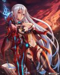  1girl black_legwear blue_eyes breasts cleavage elbow_gloves gloves large_breasts loincloth long_hair looking_at_viewer navel navel_cutout no_panties official_art original pelvic_curtain red_gloves remana silver_hair solo sword thigh-highs weapon 