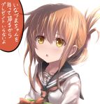  1girl anchor_symbol blush box bright_background brown_eyes brown_hair commentary folded_ponytail gift gift_box hair_ornament hairclip holding_box holding_gift inazuma_(kantai_collection) kantai_collection long_hair open_mouth school_uniform serafuku simple_background solo tai_(nazutai) translated uniform upper_body white_background 