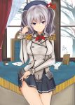  1girl artist_request blue_eyes blush breasts epaulettes gloves gloves_removed highres inkwell kantai_collection kashima_(kantai_collection) letter picture_frame playing_with_hair silver_hair skirt skirt_lift smile snow solo thighs 