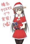  1girl alternate_costume belt black_hair black_legwear box breasts capelet christmas gift gift_box gloves hair_ornament hairband hairclip haruna_(kantai_collection) hat headgear holding_gift kantai_collection long_hair open_mouth pantyhose red_gloves red_skirt remodel_(kantai_collection) santa_costume santa_hat simple_background skirt solo sui_(tsuruhibiki) translation_request white_background 