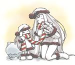  2girls :d ^_^ breasts christmas claws closed_eyes detached_sleeves dress hat height_difference horn horns kantai_collection kneeling large_breasts long_hair mittens multiple_girls northern_ocean_hime open_mouth santa_hat scarf seaport_hime shared_scarf shinkaisei-kan short_dress smile striped striped_scarf tewarusa white_dress white_hair white_skin 