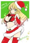  1girl ahoge bell between_breasts blonde_hair blush box breasts christmas cleavage dated elbow_gloves fur_trim gift gift_box gloves green_eyes hands_on_own_chest hat hoshii_miki idolmaster large_breasts long_hair looking_at_viewer merry_christmas red_gloves red_legwear santa_costume santa_hat skirt solo star sumeragi_kohaku thigh-highs zettai_ryouiki 
