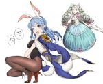  2girls :o animal_ears aqua_hair blush braid breasts bunnysuit cleavage de_la_fille dress drill_hair from_side gloves gradient_hair granblue_fantasy green_hair high_heels jacket_on_shoulders looking_at_viewer mikurou_(nayuta) multicolored_hair multiple_girls pantyhose rabbit_ears redhead squatting therese_(granblue_fantasy) twintails 
