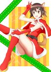  1girl animal_ears belt boots brown_eyes brown_hair capelet christmas dog_ears dog_tail fur_trim gloves hair_ornament hairpin highres knee_boots long_gloves miyafuji_yoshika open_mouth red_gloves santa_costume short_hair solo strike_witches sukeberosu tail v 