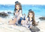  2girls :o anmi arm_support barefoot beach bird black_hair blue_eyes blush breasts briefcase cleavage collarbone hat long_hair looking_at_viewer lying midriff multiple_girls navel ocean on_side partially_submerged sailor_dress sailor_hat school_briefcase skirt smile wet wet_clothes 