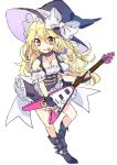  1girl adapted_costume apron blonde_hair boots braid fingerless_gloves gloves guitar hat instrument kirisame_marisa kyouda_suzuka long_hair mouth_hold plectrum side_braid smile star touhou waist_apron white_background witch_hat yellow_eyes 