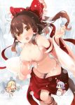  3girls :d bikini blush bow breasts brown_eyes brown_hair cleavage commentary_request detached_sleeves front-tie_top hair_bow hair_tubes hakurei_reimu kirisame_marisa large_breasts long_hair looking_at_viewer minigirl multiple_girls open_mouth ponytail remilia_scarlet shin_(new) side-tie_bikini skirt skirt_pull smile snow swimsuit touhou white_bikini white_swimsuit |_| 
