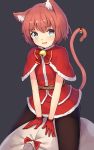  +_+ 1girl animal_ears bell belt black_background black_legwear blue_eyes blush capelet cat_ears cat_tail fang gloves highres jingle_bell looking_at_viewer open_mouth original pantyhose red_gloves redhead sack santa_costume shone short_hair simple_background smile solo tail 