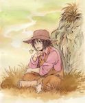  1boy adventures_of_huckleberry_finn barefoot black_hair grass hat huckleberry_finn indian_style male_focus overalls sitting smoking smoking_pipe solo traditional_media watercolor_(medium) world_masterpiece_theater 