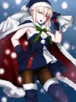  1girl bag blonde_hair cape fate/grand_order fate_(series) gloves hat highres open_mouth panties panties_under_pantyhose pantyhose pantyshot ribbon saber saber_alter sack santa_costume santa_hat sleeveless snow snowing solo underwear ycco_(estrella) yellow_eyes 