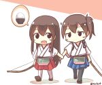  2girls akagi_(kantai_collection) blush_stickers bow_(weapon) brown_hair holding_hands japanese_clothes kaga_(kantai_collection) kantai_collection long_hair multiple_girls open_mouth pout rexlent rice_bowl side_ponytail skirt twitter_username weapon 