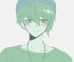  1boy alternate_costume amami_rantarou bangs beanie blue_headwear closed_mouth collarbone commentary_request dangan_ronpa_(series) dangan_ronpa_v3:_killing_harmony ear_piercing green_hair green_shirt grey_background hat jewelry male_focus necklace piercing porary portrait shiny shiny_hair shirt short_hair simple_background smile solo upper_body 