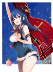  1girl adapted_costume alternate_costume arm_up blue_hair blush cleavage_cutout confetti food fruit hat hat_ribbon hinanawi_tenshi jpeg_artifacts long_hair looking_at_viewer open_mouth peach puffy_sleeves red_eyes ribbon short_sleeves sky smile solo tetsurou_(fe+) touhou underbust 