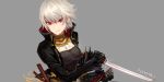  1girl annnna artist_name dungeon_and_fighter earrings female_slayer_(dungeon_and_fighter) holding_sword holding_weapon jewelry looking_at_viewer necklace red_eyes reverse_grip short_hair silver_hair simple_background smile solo sword swordmaster_(dungeon_and_fighter) weapon 