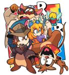  1girl 4boys animal_ears blonde_hair blue_eyes bottomless buck_teeth chip_&#039;n_dale_rescue_rangers chip_(disney) chipmunk constricted_pupils cowboy_hat crossed_arms dale_(disney) disney eyeshadow facial_hair fly gadget_hackwrench gashi-gashi goggles goggles_on_head hat hawaiian_shirt jacket jumpsuit long_hair makeup monterey_jack multiple_boys mustache open_clothes open_jacket shirt squirrel sweatdrop tail v wrench zipper_(chip_&#039;n_dale) 