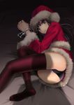  1girl bangs black_eyes bound bound_wrists chain chikuwa_(glossymmmk) christmas closed_mouth cuffs fur_trim handcuffs hat long_hair long_sleeves looking_at_viewer lying no_shoes on_bed on_side original panties pantyshot pantyshot_(lying) pom_pom_(clothes) red_hat red_legwear red_shirt red_skirt santa_costume santa_hat shadow shirt skirt solo thigh-highs underwear upskirt 