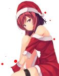  1girl bare_shoulders blush breasts christmas dress from_side gloves hat looking_at_viewer love_live!_school_idol_project nishikino_maki red_gloves red_hat redhead santa_hat short_hair short_sleeves simple_background sitting siva_(executor) sleeves_past_elbows smile solo thigh_strap upper_body violet_eyes 