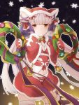 1girl bell boots breath brown_eyes capelet christmas christmas_wreath cowboy_shot double_bun haku_(p&amp;d) holly_hair_ornament hooded_jacket kurage_(11649021) long_hair midriff mittens multicolored_hair navel purple_hair puzzle_&amp;_dragons santa_costume shorts_under_skirt sky snowflakes solo star_(sky) starry_sky thigh-highs thigh_boots twintails two-tone_hair very_long_hair white_hair wind 