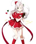  1girl alternate_costume gloves green_eyes hat heart highres kantai_collection kinugasa_(kantai_collection) long_hair morinaga_(harumori) one_eye_closed open_mouth remodel_(kantai_collection) sack santa_costume santa_hat skirt solo 