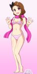  1girl bare_arms bare_shoulders bikini brown_hair full_body hair_ribbon hairband highres idolmaster long_hair midriff minase_iori open_mouth pink_eyes ribbon simple_background small_breasts smile solo standing striped striped_bikini striped_swimsuit swimsuit 