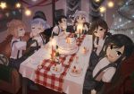  6+girls :d arare_(kantai_collection) arashio_(kantai_collection) arm_warmers asashio_(kantai_collection) black_hair brown_hair cake chair christmas_tree closed_eyes commentary_request feeding food fork hat highres indoors kantai_collection kasumi_(kantai_collection) long_hair michishio_(kantai_collection) multiple_girls napkin ooshio_(kantai_collection) open_mouth plate ponytail short_hair short_sleeves side_ponytail sitting smile suspenders table yopan_danshaku 