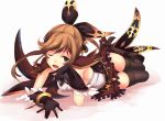  1girl ;d black_gloves black_legwear boots brown_hair clarisse_(granblue_fantasy) gloves granblue_fantasy green_eyes hair_ribbon highres long_hair one_eye_closed open_mouth ribbon sasakawa_arumi smile solo thigh-highs 