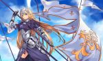  1girl akira_(5888172) armor armored_dress blonde_hair blue_eyes braid breasts capelet fate/apocrypha fate/grand_order fate_(series) flag gauntlets headpiece highres long_hair ruler_(fate/apocrypha) single_braid solo violet_eyes 
