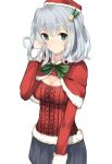  1girl aran_sweater blue_eyes blush breasts capelet gin00 hat highres kantai_collection kashima_(kantai_collection) looking_at_viewer santa_costume silver_hair solo sweater twintails 