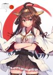  &gt;:) 1girl ahoge bare_shoulders blush boots breasts brown_hair crossed_arms detached_sleeves double_bun frilled_skirt frills hairband headgear japanese_clothes kantai_collection kongou_(kantai_collection) large_breasts long_hair looking_at_viewer nontraditional_miko remodel_(kantai_collection) ribbon-trimmed_sleeves ribbon_trim simple_background skirt smile solo soukou_makura thigh-highs thigh_boots violet_eyes zettai_ryouiki 