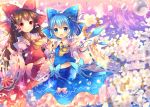  2girls ascot bell blue_eyes blue_hair brown_eyes brown_hair cherry_blossoms cirno detached_sleeves hair_bell hair_ornament hair_tubes hakurei_reimu hakurei_reimu_(cosplay) ice ice_wings long_hair long_sleeves midriff multiple_girls open_mouth pjrmhm_coa ribbon-trimmed_sleeves ribbon_trim short_hair smile spell_card touhou very_long_hair wide_sleeves wings 