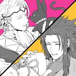  2boys cat dog fire_emblem fire_emblem_if long_hair marx_(fire_emblem_if) monochrome multiple_boys ryouma_(fire_emblem_if) u_(lastcrime) 