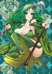  1girl :q bare_shoulders blush boots breasts bridal_gauntlets cleavage feathers final_fantasy final_fantasy_iv flower green_boots green_eyes green_hair green_rose hair_feathers hair_flower hair_ornament large_breasts long_hair okamocho older rose rydia smile solo thigh-highs tongue tongue_out whip 