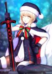  1girl benitsuki_tsubasa black_boots blonde_hair boots brown_legwear cape dark_excalibur excalibur fate/grand_order fate/stay_night fate_(series) fur_trim hat highres looking_at_viewer open_mouth pantyhose saber saber_alter santa_hat shiny shiny_clothes sitting snow solo sword thigh-highs thigh_boots weapon yellow_eyes 