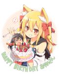  !? 2girls animal_ears bandana bell birthday_cake black_hair blonde_hair blush borrowed_character bow brown_eyes cake candle commentary_request dated detached_sleeves food fork fox_ears fruit grin hair_bell hair_bow hair_ornament hairpin happy_birthday long_hair multiple_girls musical_note neneko-n original red_eyes smile spoken_musical_note strawberry sweatdrop two_side_up 